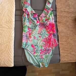 Lilly Pulitzer Vibrant Green and Pink Floral One Piece Swimsuit